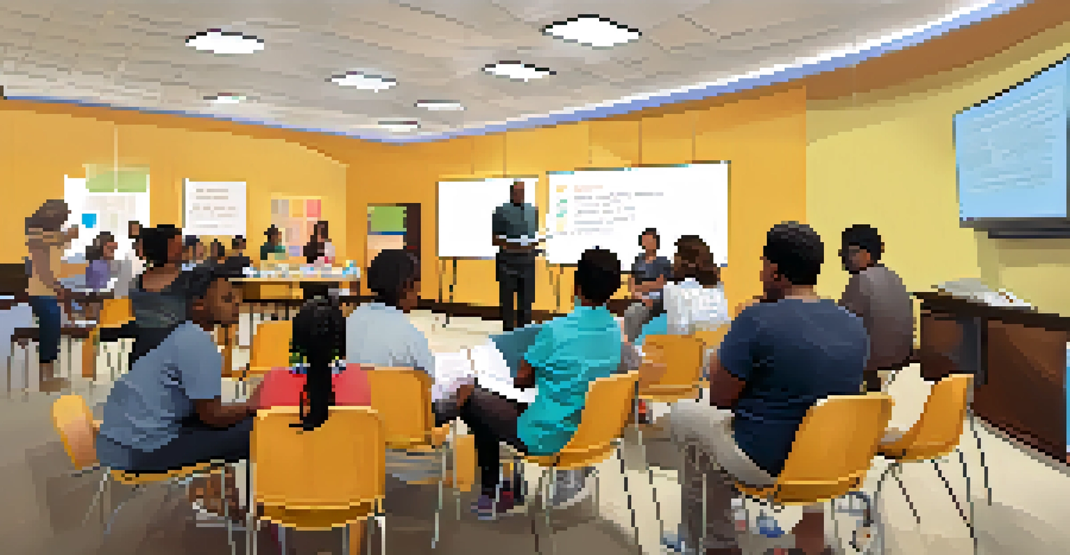 A workshop for parents on engagement strategies, with a diverse group of attendees learning from a facilitator in a classroom setting.