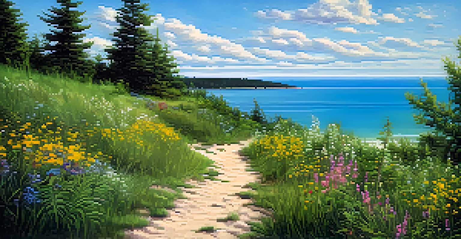 A scenic hiking trail by Lake Huron, surrounded by blooming wildflowers and a beautiful view of the lake.