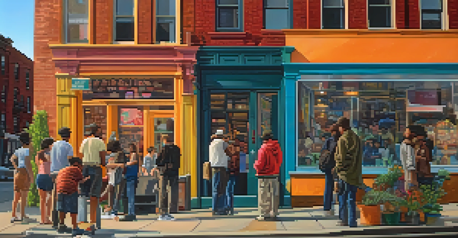 A filmmaker with a camera in a colorful Brooklyn neighborhood, discussing a scene with crew members against vibrant street murals.