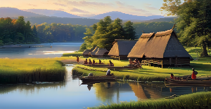A tranquil Iroquois village by a river during sunset, featuring longhouses, trees, and indigenous people engaged in daily activities.