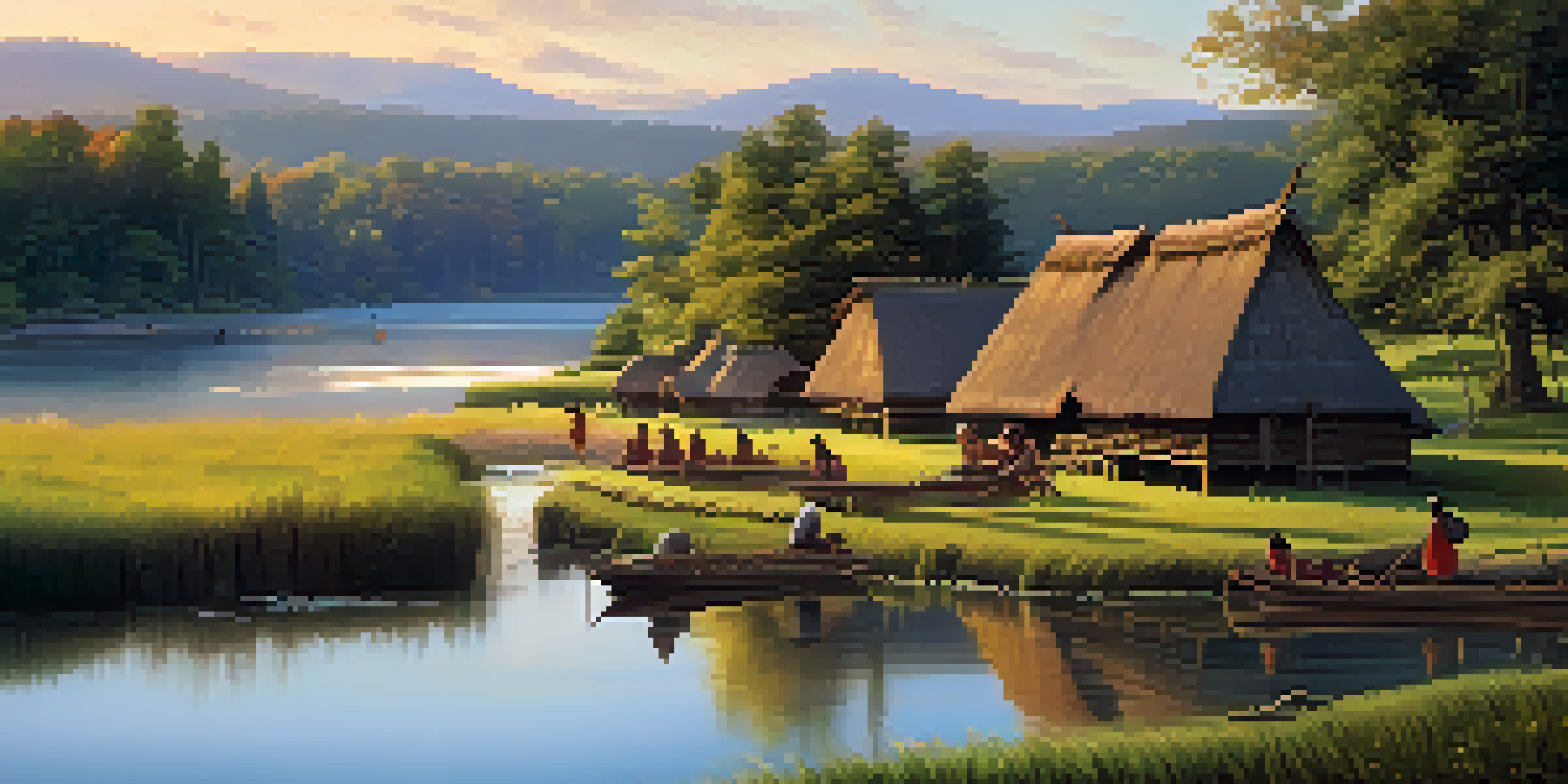 A tranquil Iroquois village by a river during sunset, featuring longhouses, trees, and indigenous people engaged in daily activities.