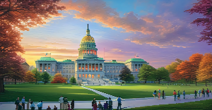 An illustration of the New York State Capitol building at sunset, surrounded by a park with people enjoying the evening.