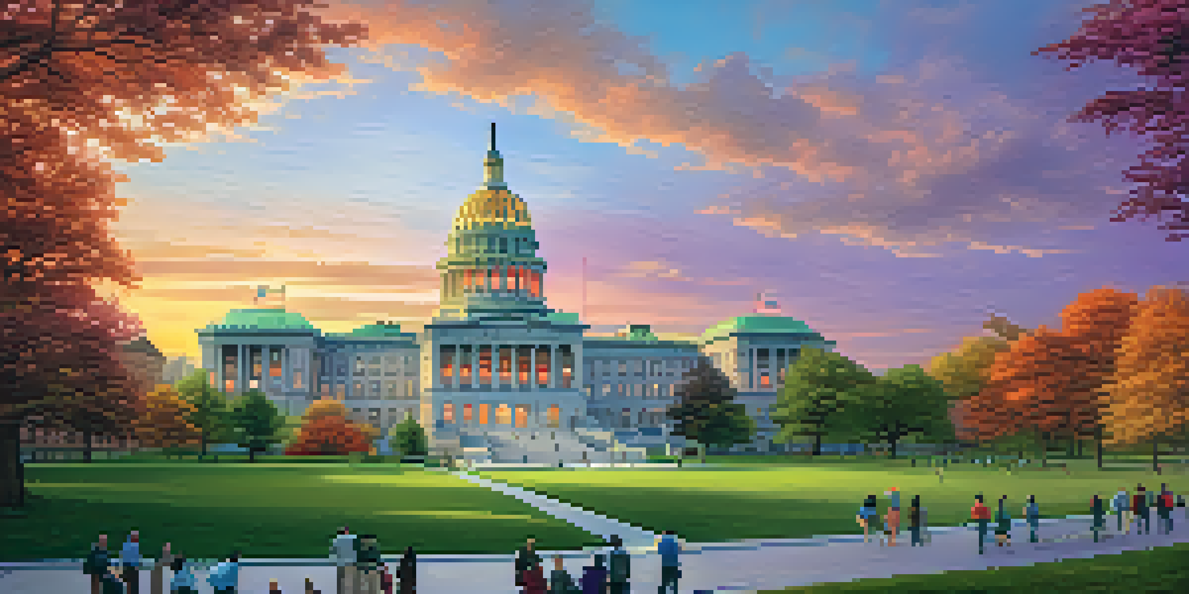 An illustration of the New York State Capitol building at sunset, surrounded by a park with people enjoying the evening.