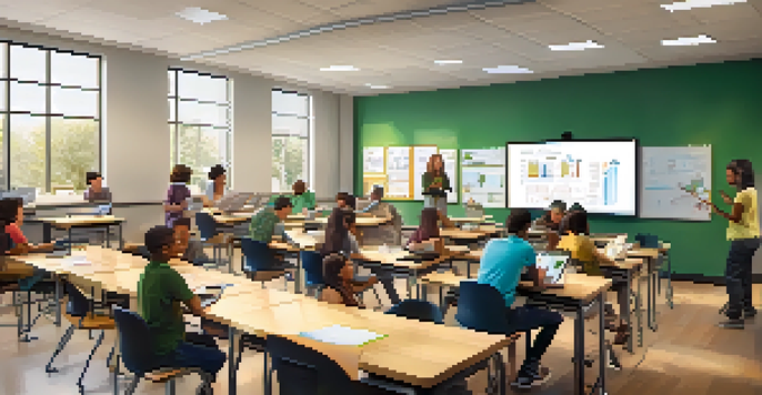 A classroom with diverse students using technology, including interactive whiteboards and tablets, with natural light coming through the windows.
