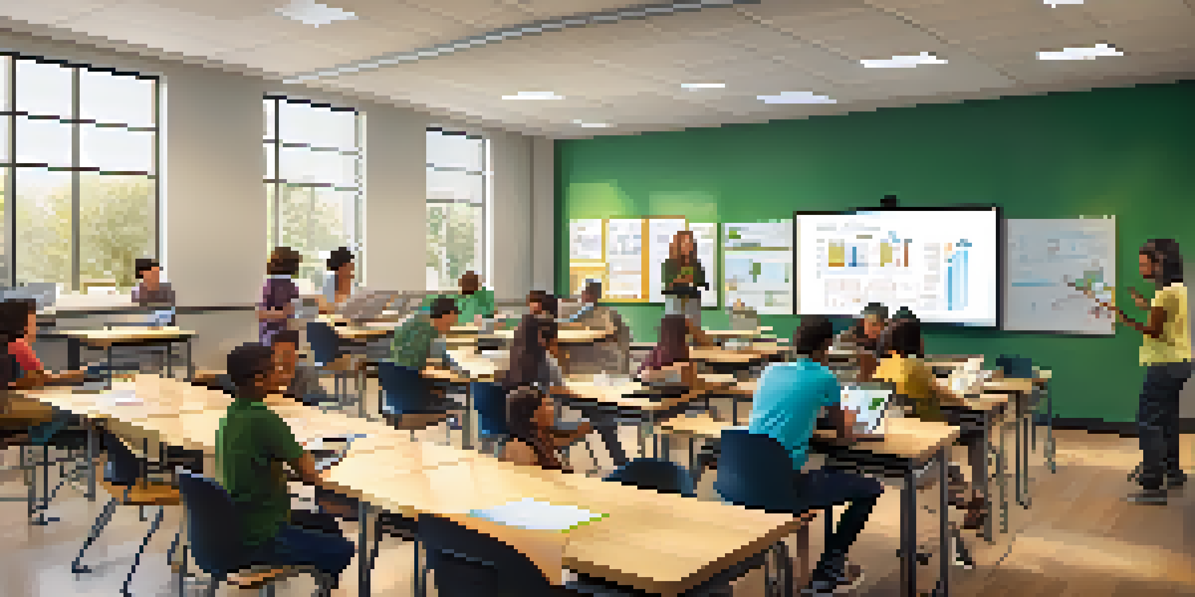 A classroom with diverse students using technology, including interactive whiteboards and tablets, with natural light coming through the windows.