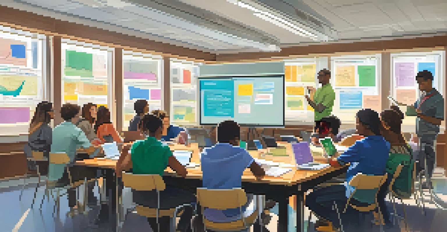 A diverse group of college students working together in a classroom, surrounded by laptops and books, with a whiteboard in the background.