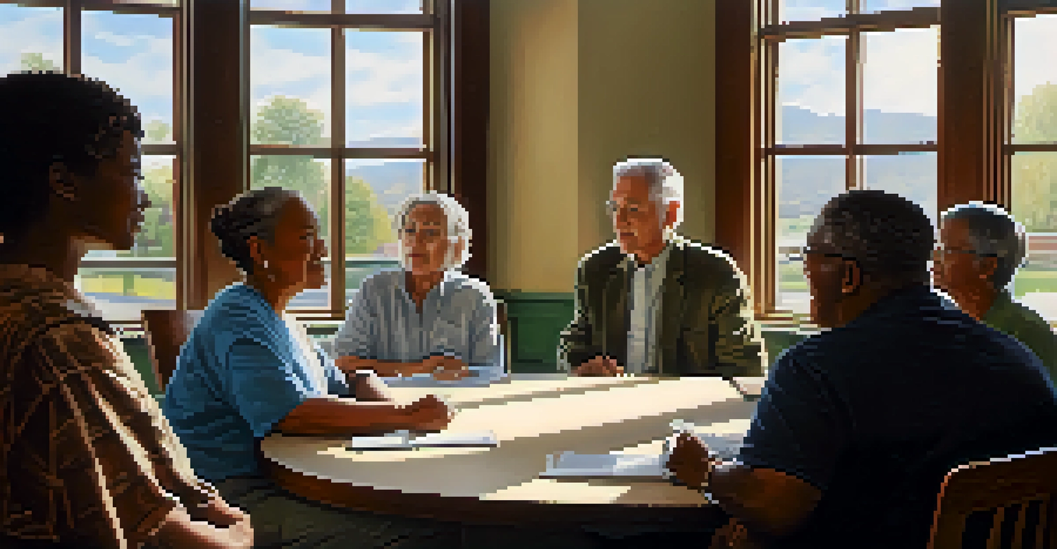 A community meeting in a local government setting with diverse residents discussing around a table.