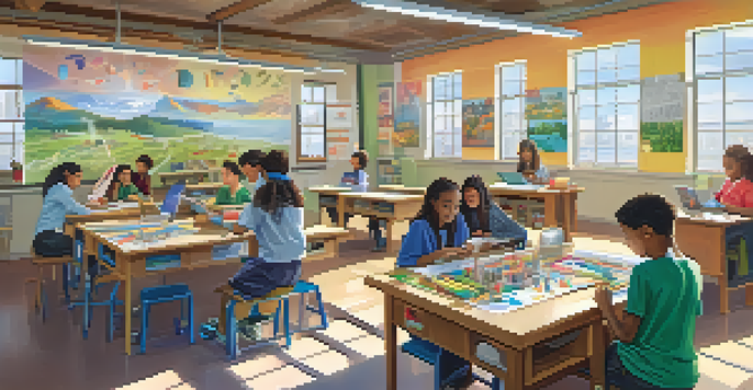 A diverse group of students working together on a STEAM project in a bright and colorful classroom.