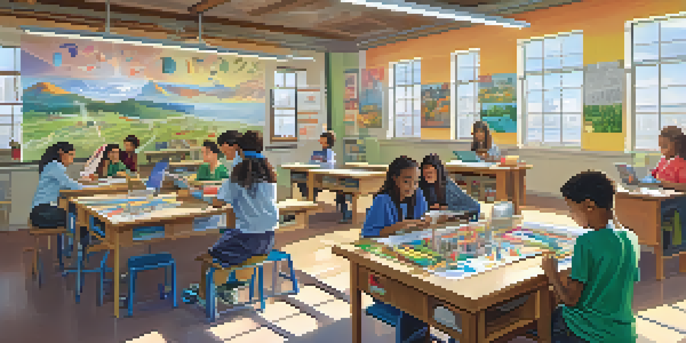 A diverse group of students working together on a STEAM project in a bright and colorful classroom.