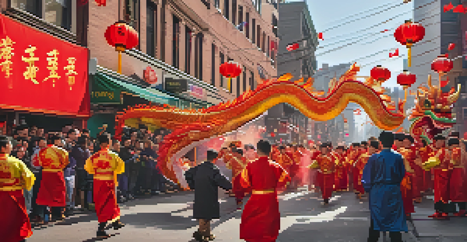 A colorful Lunar New Year parade in Chinatown with dragon dancers and festive decorations.