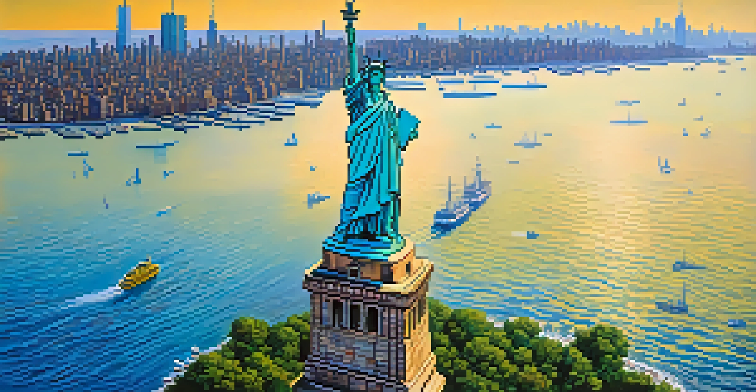 Aerial view of the Statue of Liberty with boats in the harbor and the Manhattan skyline in the background.