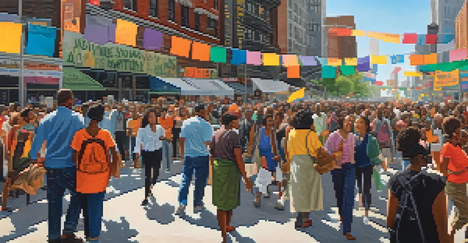 A lively New York street scene with diverse people discussing social justice and advocacy, filled with colorful banners.