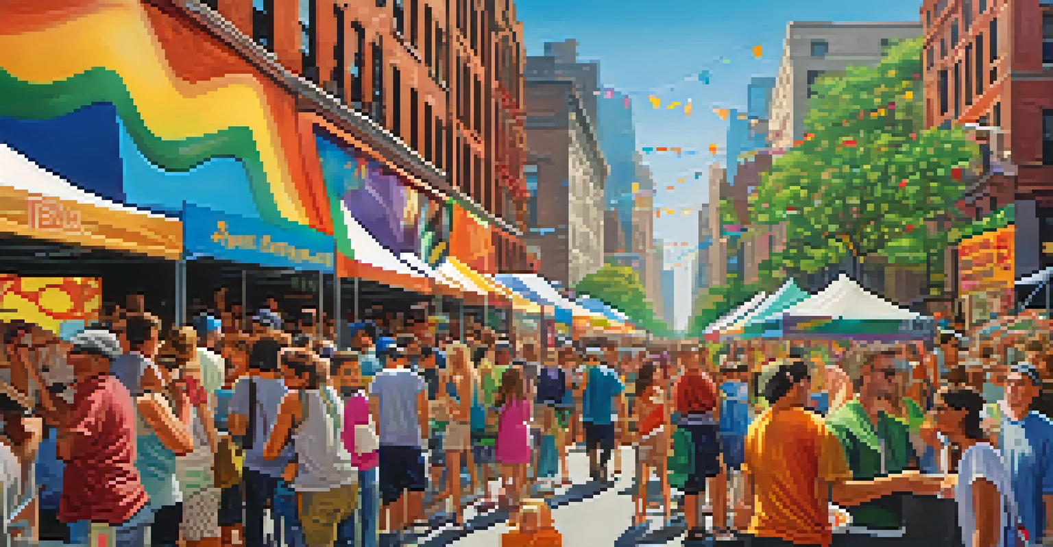 A lively street art festival in New York City with artists painting and people enjoying the atmosphere.