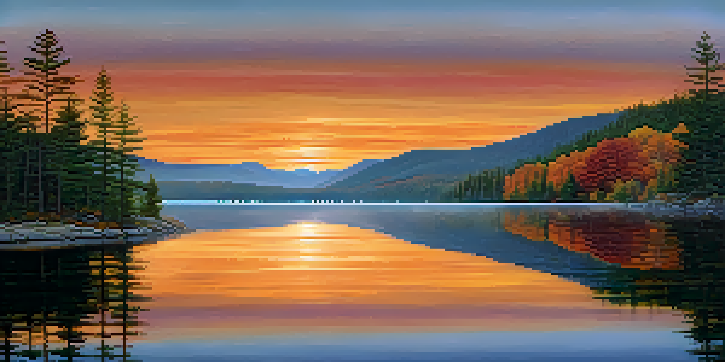 A breathtaking view of the Adirondack Mountains at sunrise, with colorful fall foliage and a serene lake reflecting the landscape.