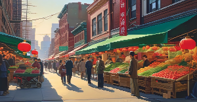 A lively market scene in Chinatown with colorful stalls and people interacting under traditional lanterns.