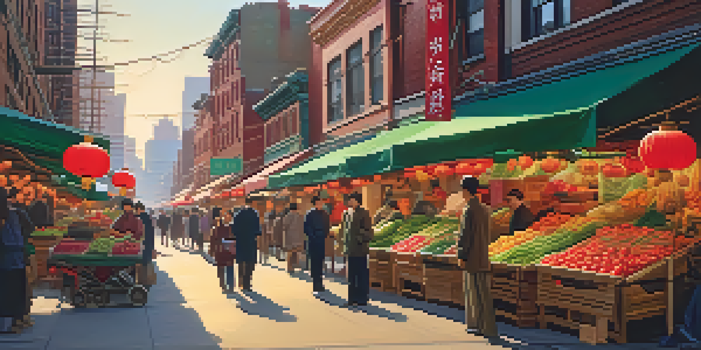 A lively market scene in Chinatown with colorful stalls and people interacting under traditional lanterns.