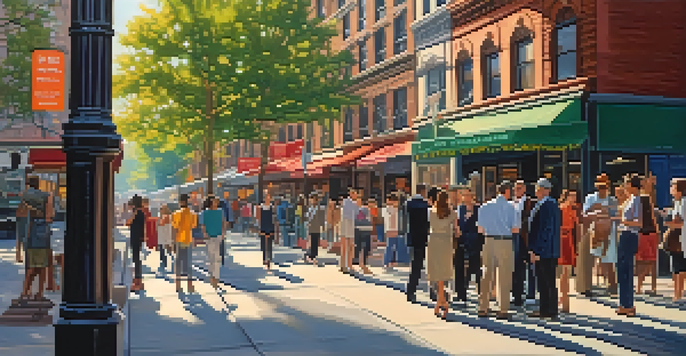 A lively New York City street scene with diverse people talking in different languages, colorful storefronts in the background.