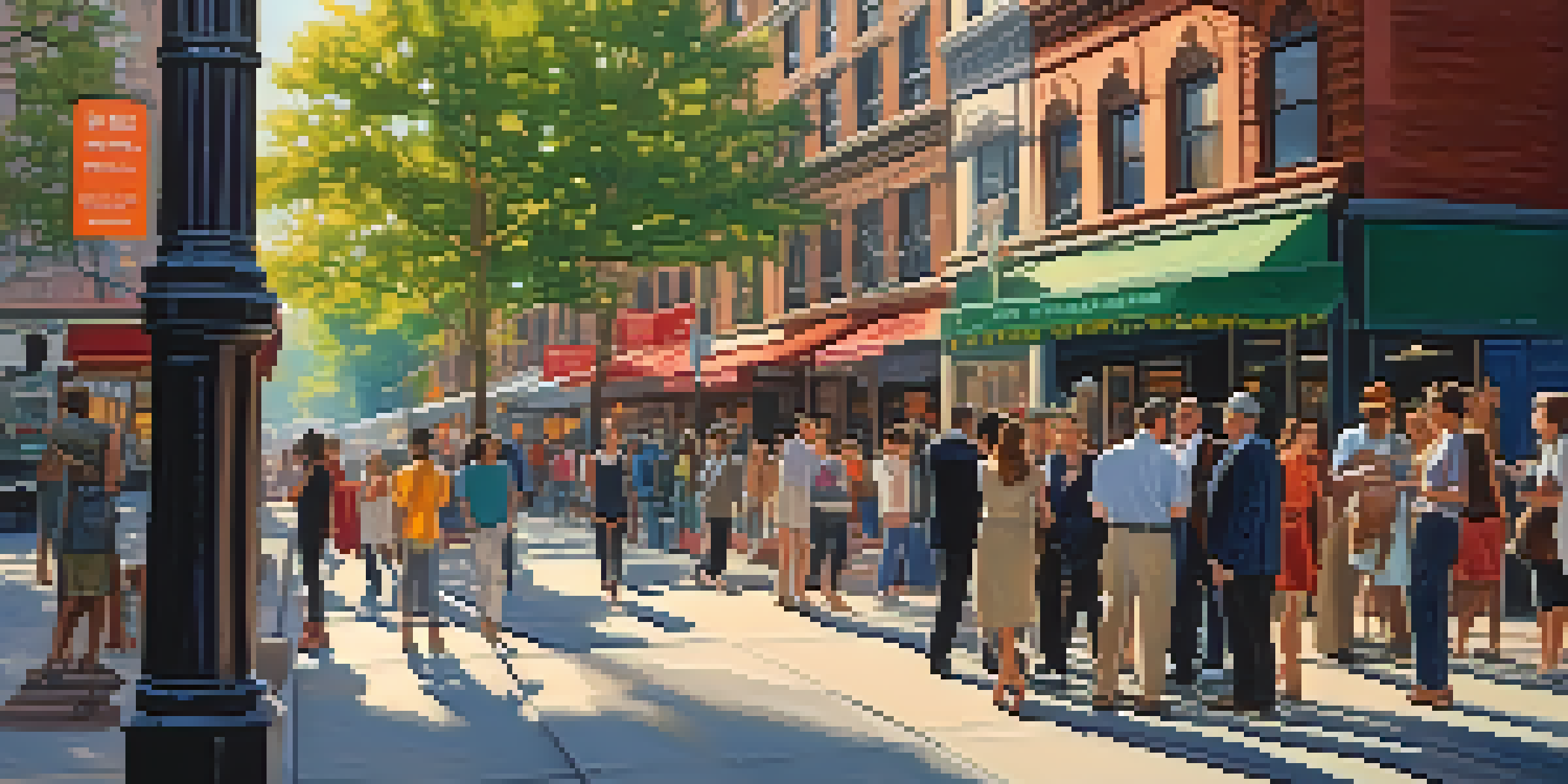 A lively New York City street scene with diverse people talking in different languages, colorful storefronts in the background.