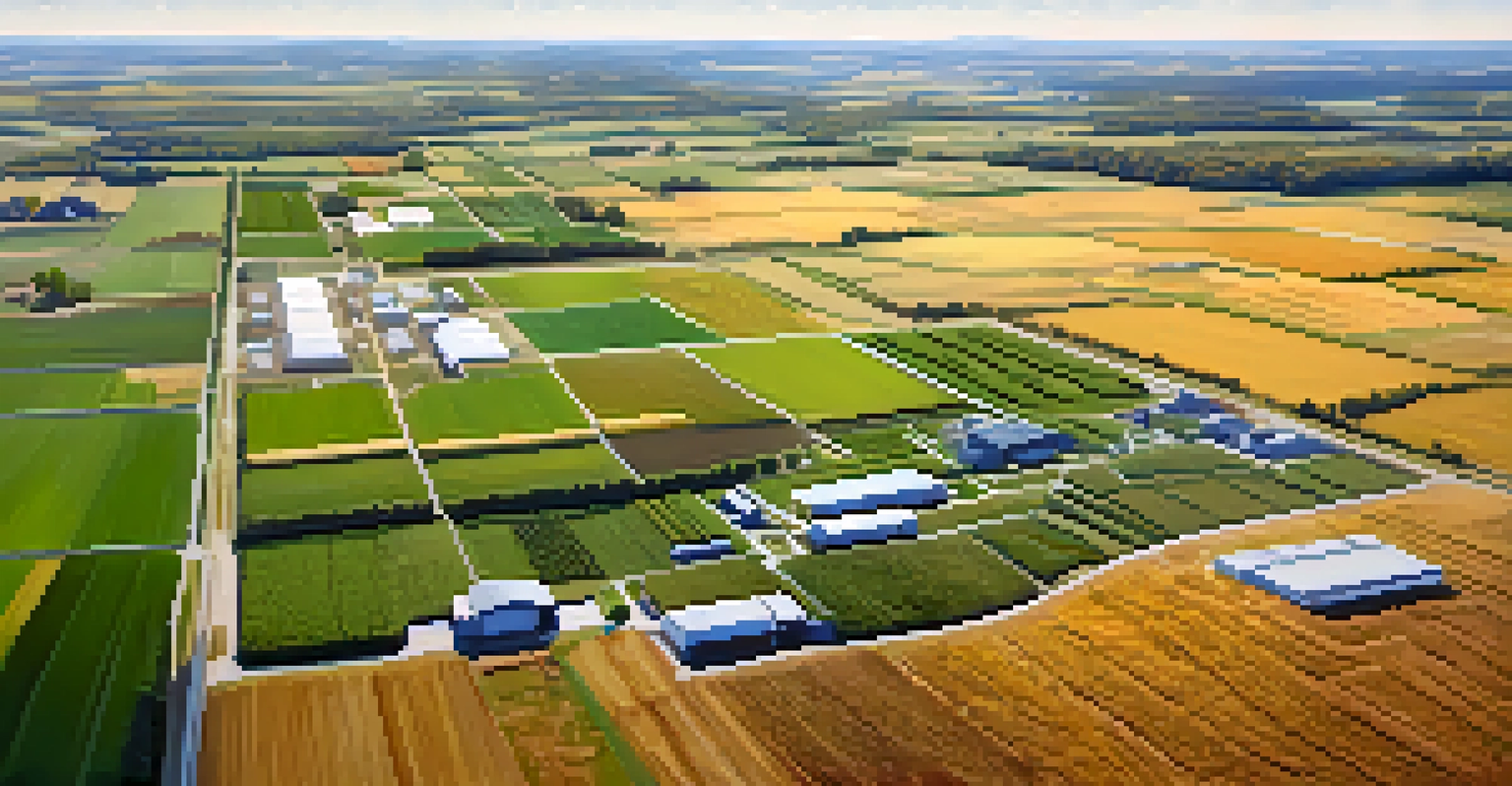 An aerial view of agricultural fields in New York, showcasing crops and a modern food production facility against a bright blue sky.