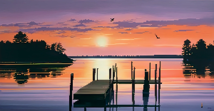 A beautiful sunset over Lake Ontario with colorful reflections on the water, a wooden dock, and silhouetted trees.