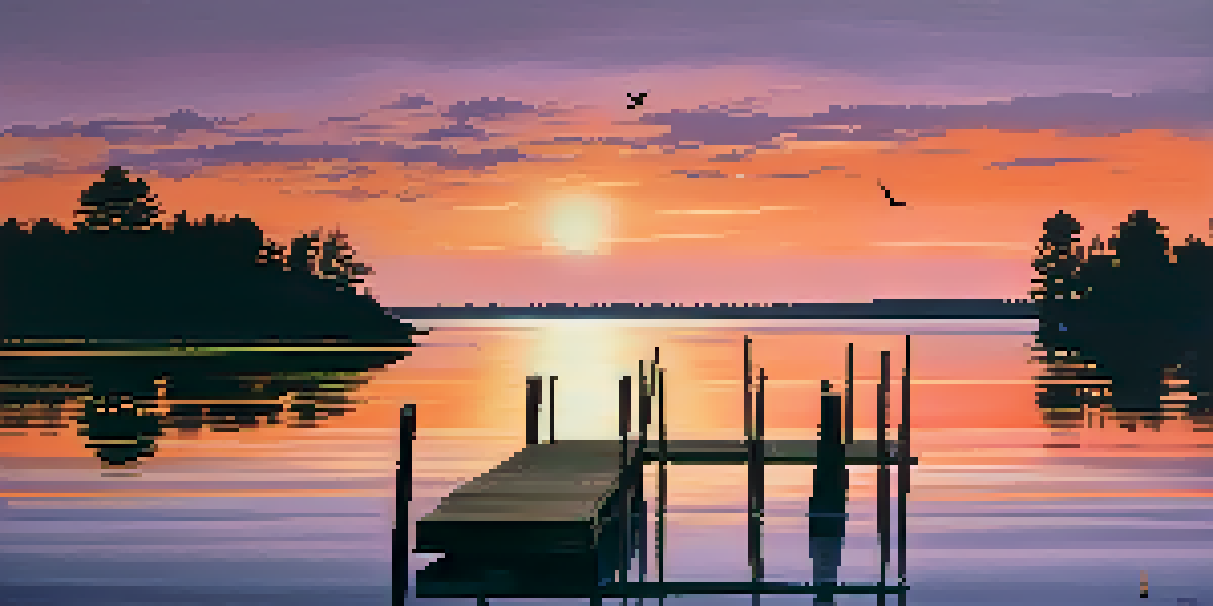 A beautiful sunset over Lake Ontario with colorful reflections on the water, a wooden dock, and silhouetted trees.