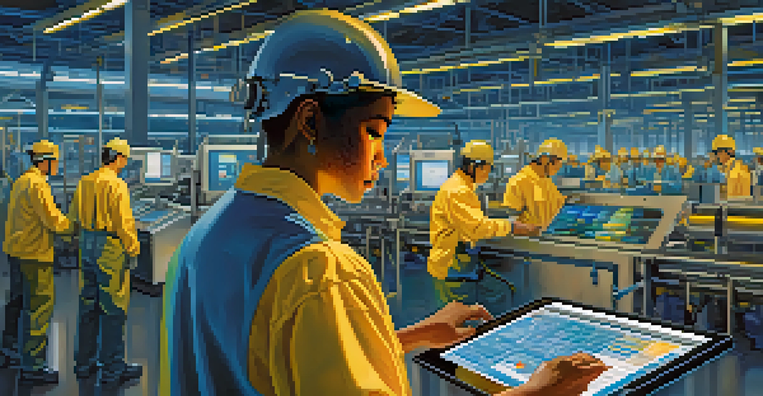 A close-up of a worker in a manufacturing setting using a tablet to oversee an automated production line, emphasizing modern technology.