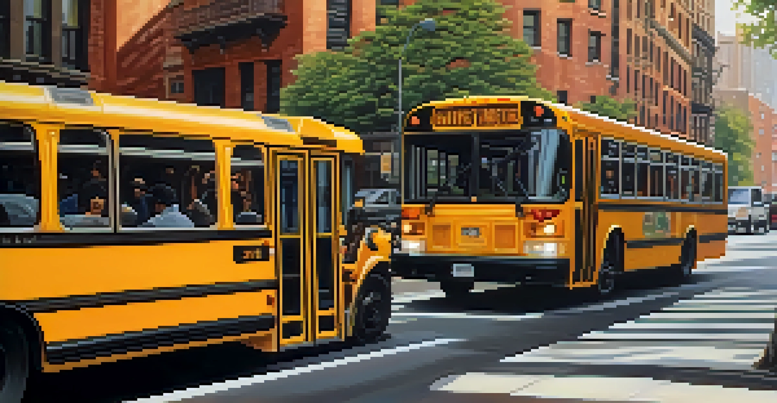 A New York City bus on a scenic street with commuters visible through the windows.