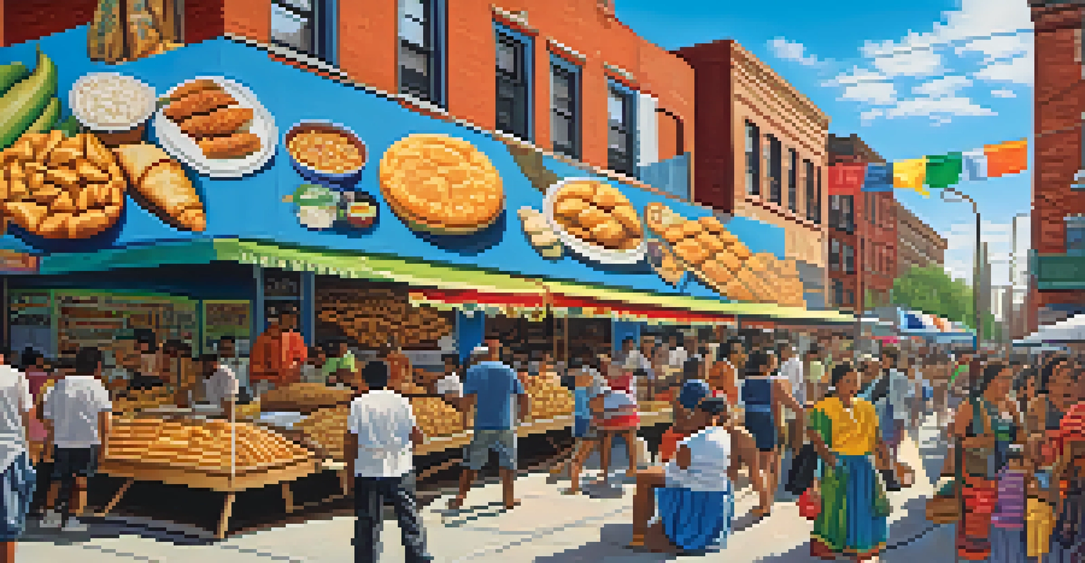 A colorful mural in East Harlem with vendors and people celebrating Hispanic culture in the street.