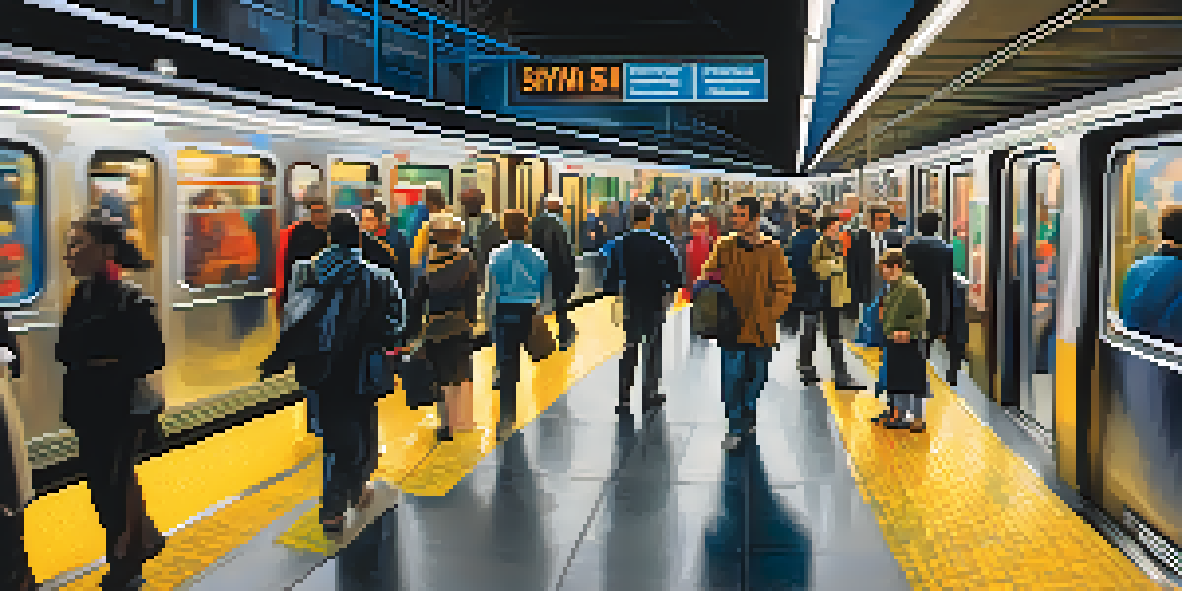 A busy subway station in New York City filled with commuters of various ethnicities, vibrant advertisements, and an arriving subway train.