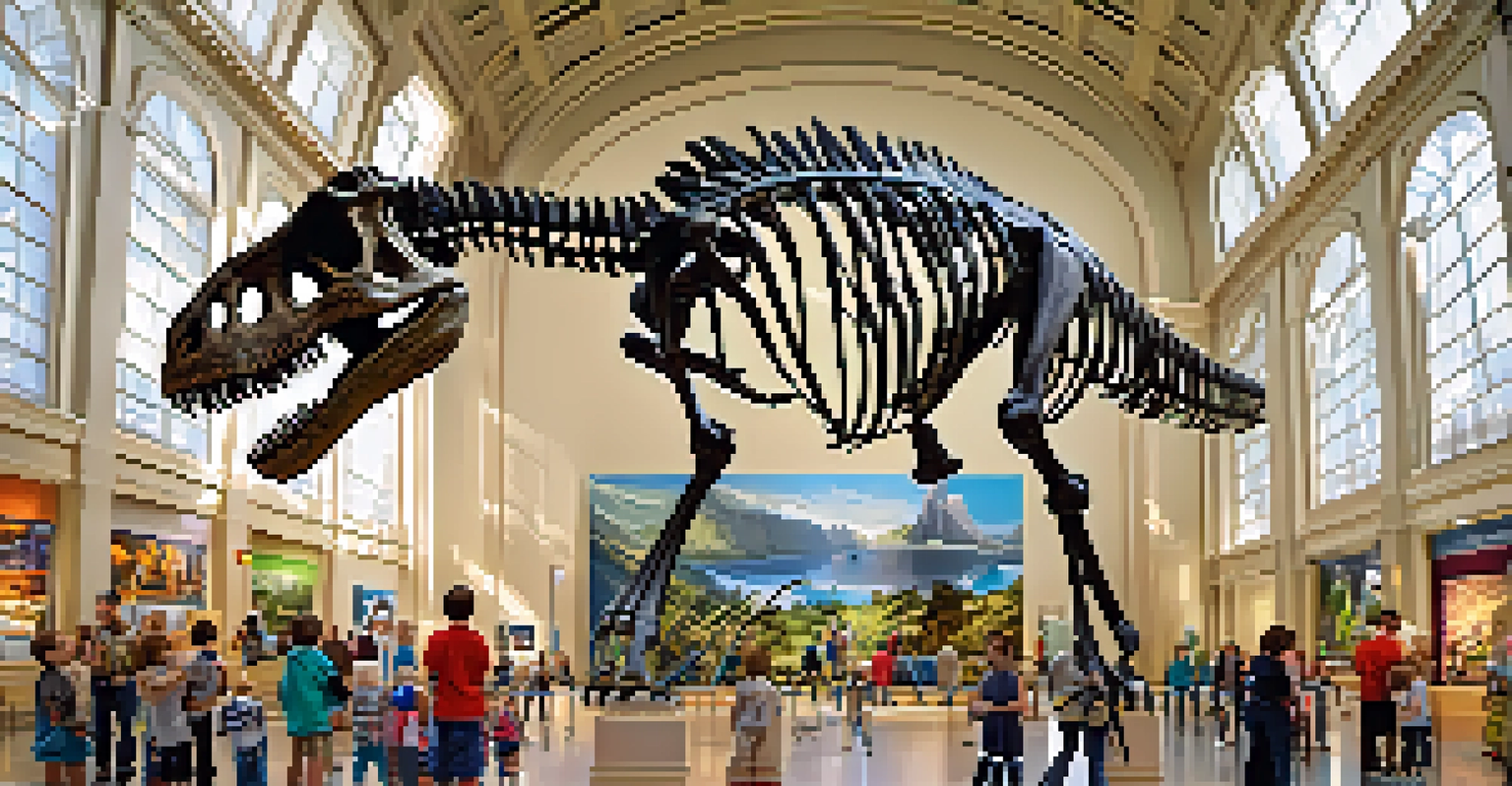 Children looking at a large dinosaur skeleton inside the American Museum of Natural History, surrounded by colorful exhibits.