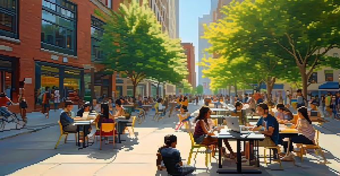 A diverse group of students using technology in an outdoor study area in New York City, surrounded by colorful murals and greenery.