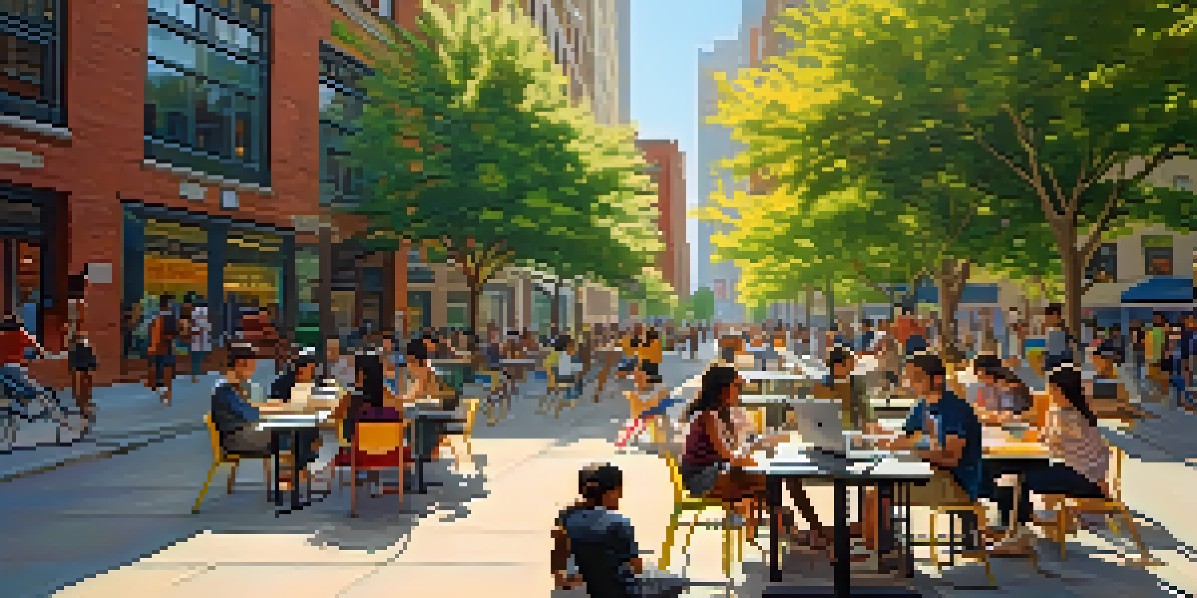 A diverse group of students using technology in an outdoor study area in New York City, surrounded by colorful murals and greenery.