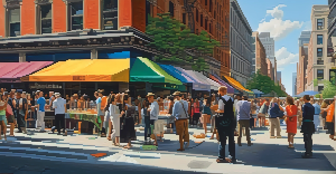 A busy street in New York City with people enjoying art activities and iconic art institutions in the background on a sunny day.