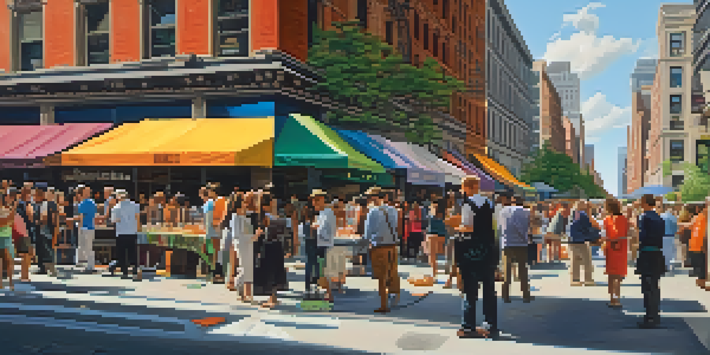 A busy street in New York City with people enjoying art activities and iconic art institutions in the background on a sunny day.