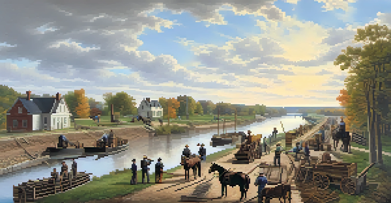 Historical depiction of workers constructing the Erie Canal with tools and horses in the background.