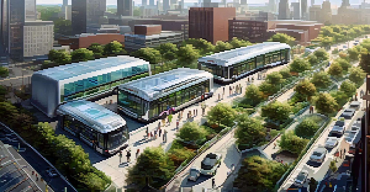 An aerial view of a modern transportation hub in New York with electric buses and autonomous vehicles, surrounded by greenery.