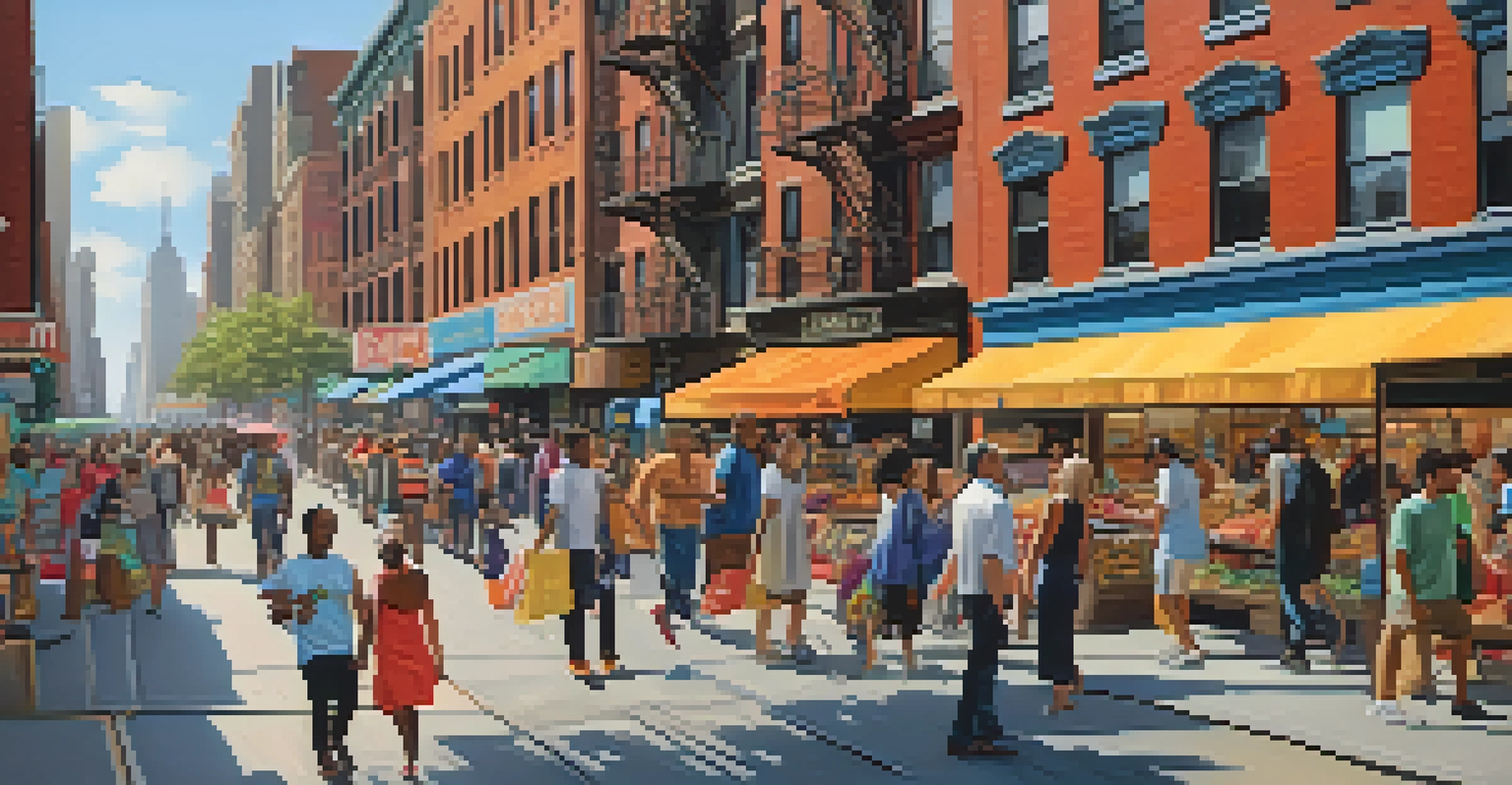 A busy street in New York City with diverse people, vibrant storefronts, and colorful murals, illustrating urban life.