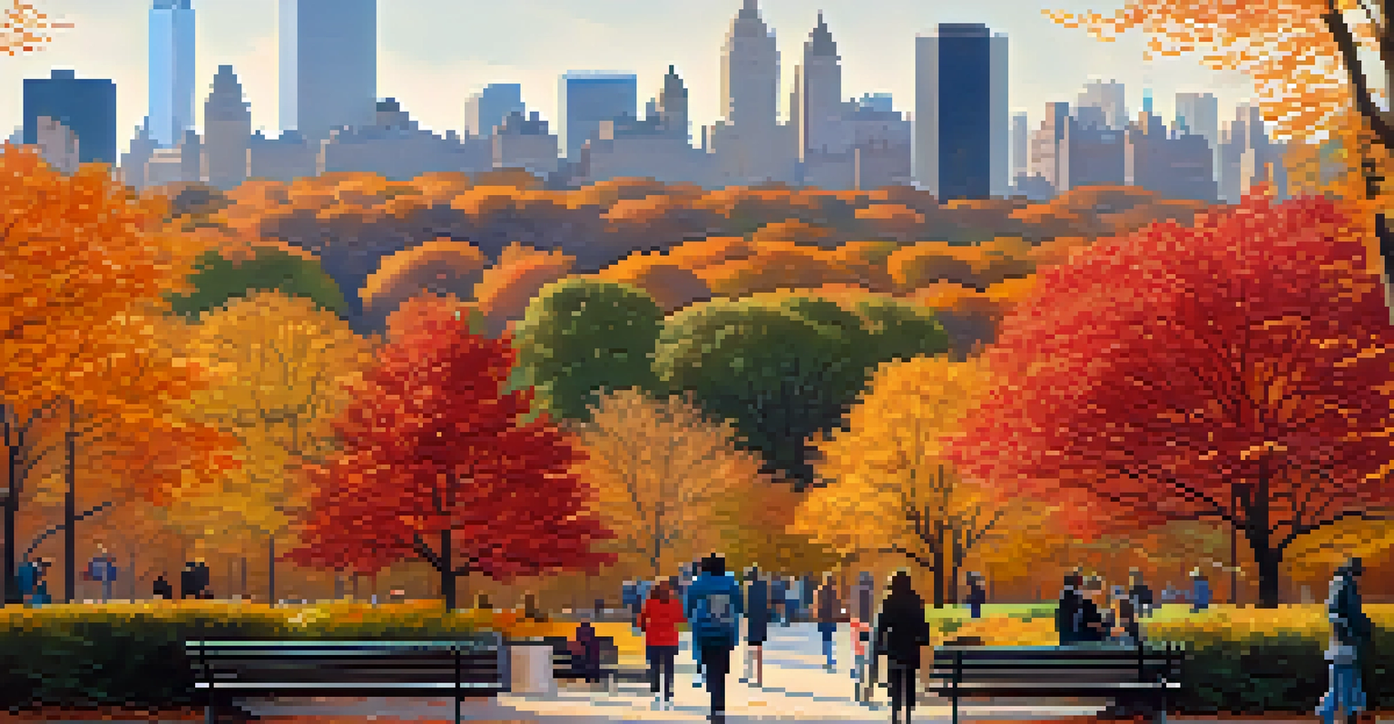 Central Park in autumn, featuring colorful trees and people enjoying the park with the New York City skyline in the background.