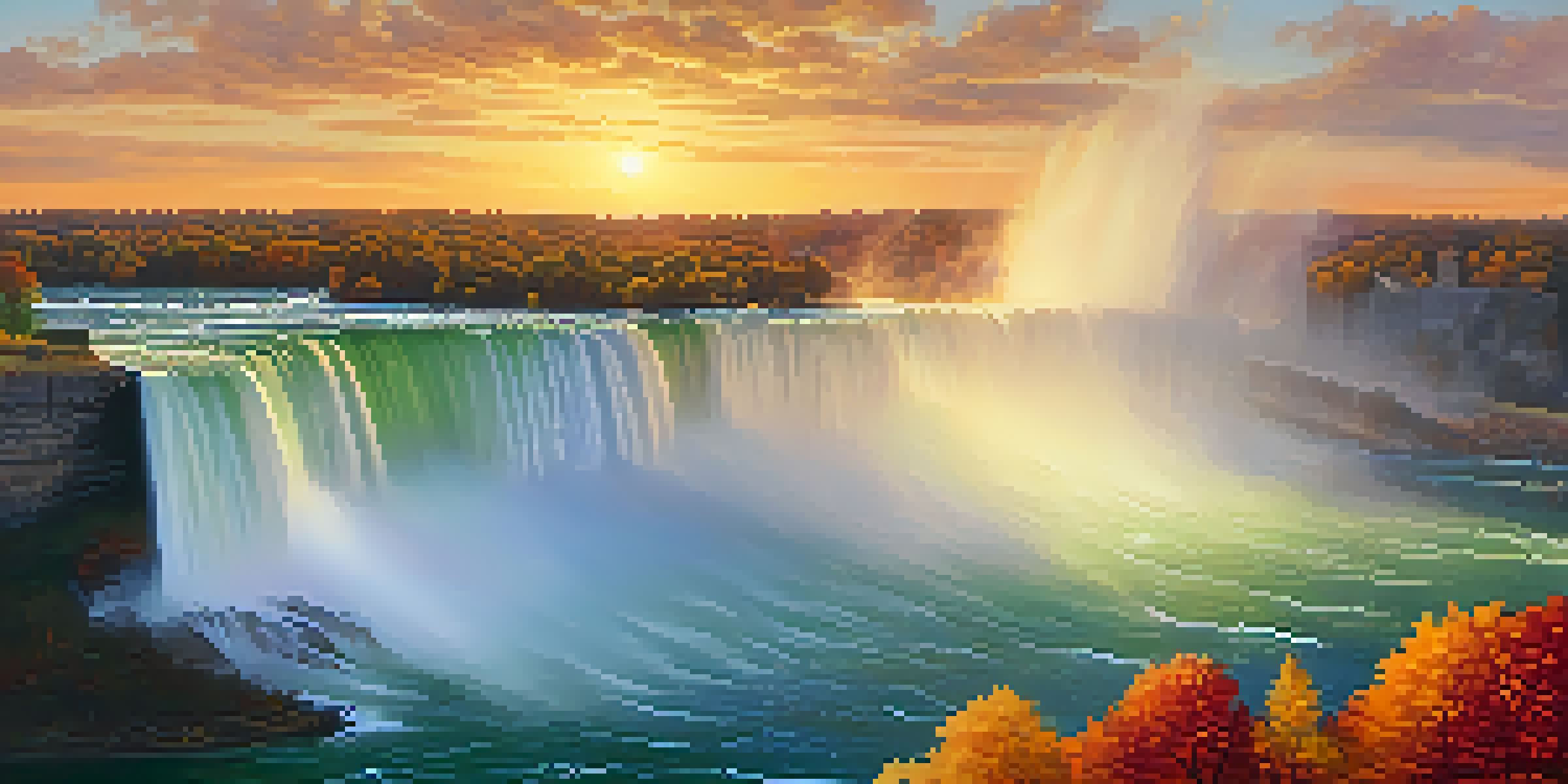 A stunning sunset view of Niagara Falls with colorful autumn leaves surrounding the scene and mist rising from the falls.