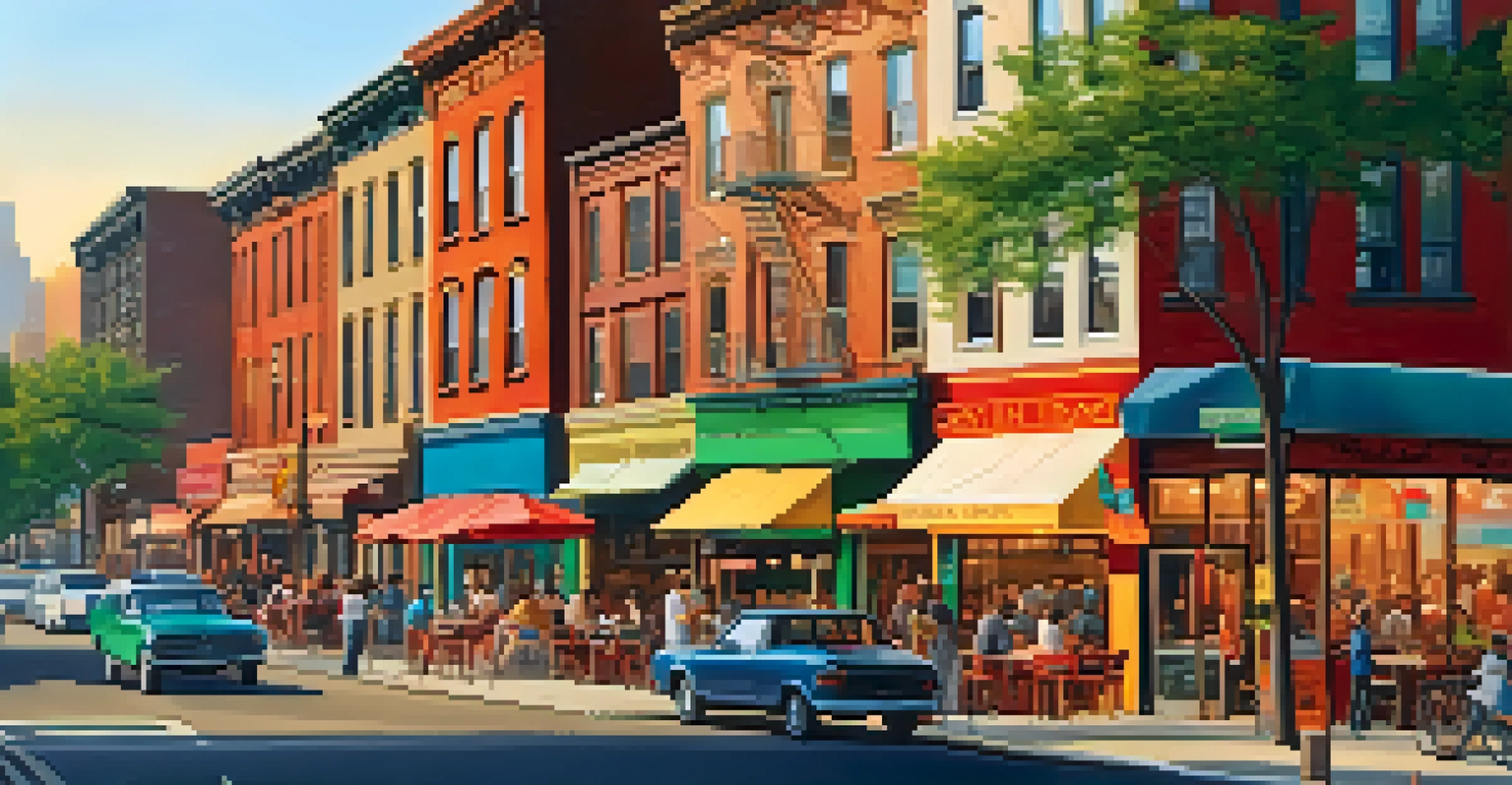 A charming street in a New York City neighborhood filled with diverse restaurants, showcasing various cuisines with people dining outdoors in warm sunlight.