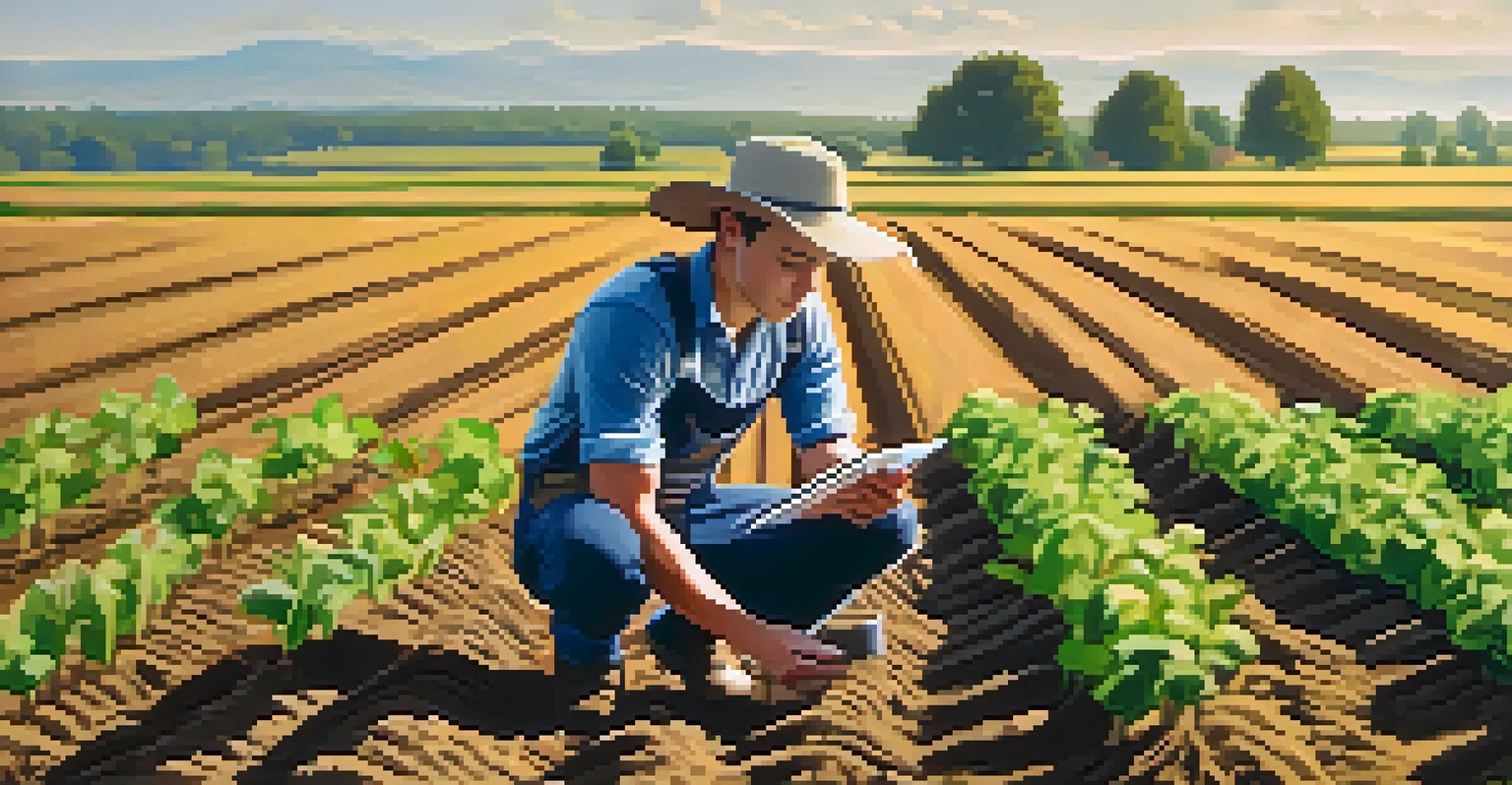 A young farmer analyzing soil health using technology on a New York farm, surrounded by crops.
