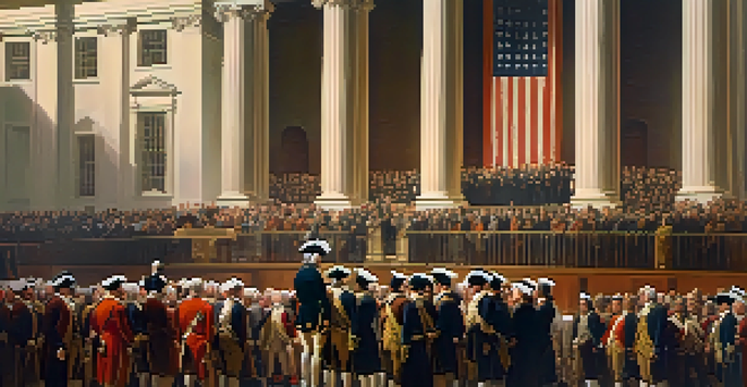 A historic depiction of George Washington's inauguration at Federal Hall in Manhattan, with a crowd in period clothing and Washington on a platform.