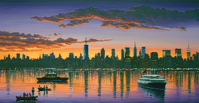 A panoramic view of New York City skyline during sunset, showcasing tall buildings and a colorful sky reflecting in the river.