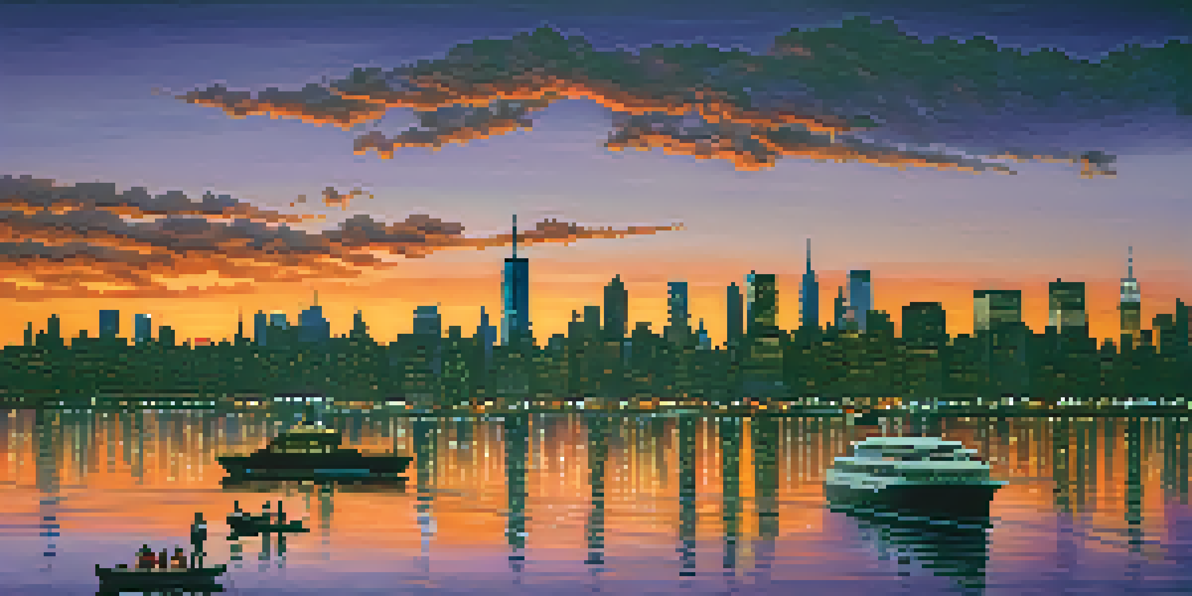 A panoramic view of New York City skyline during sunset, showcasing tall buildings and a colorful sky reflecting in the river.