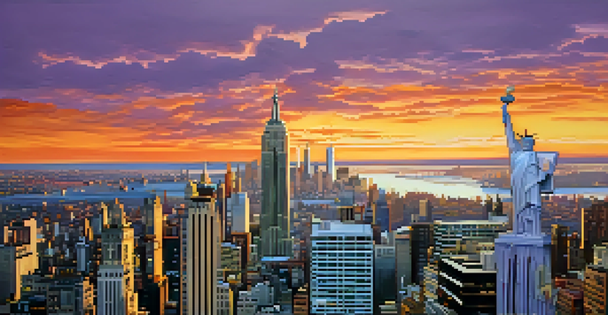A sunset view of the New York City skyline with vibrant colors and busy streets filled with people and taxis.