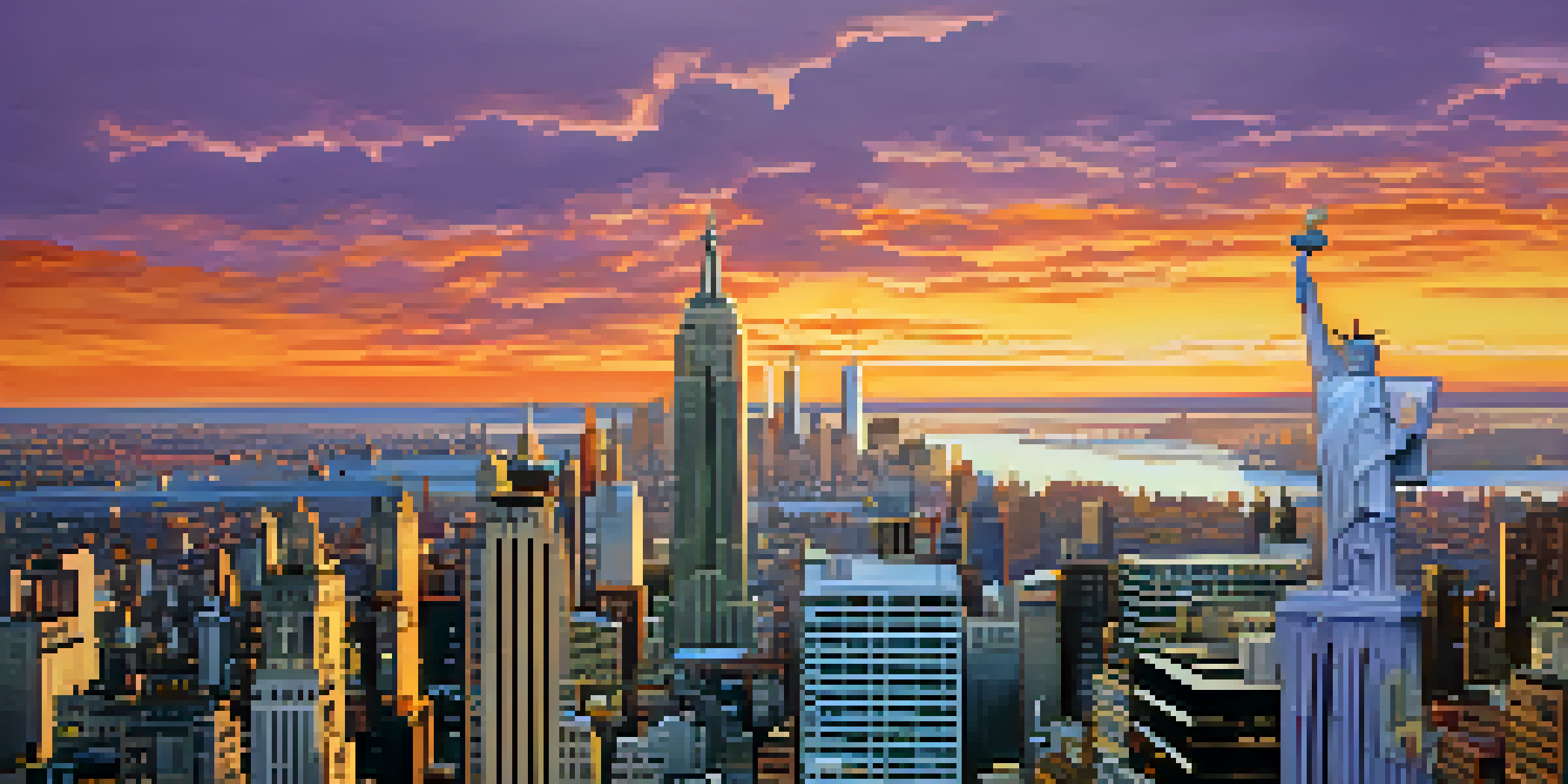 A sunset view of the New York City skyline with vibrant colors and busy streets filled with people and taxis.