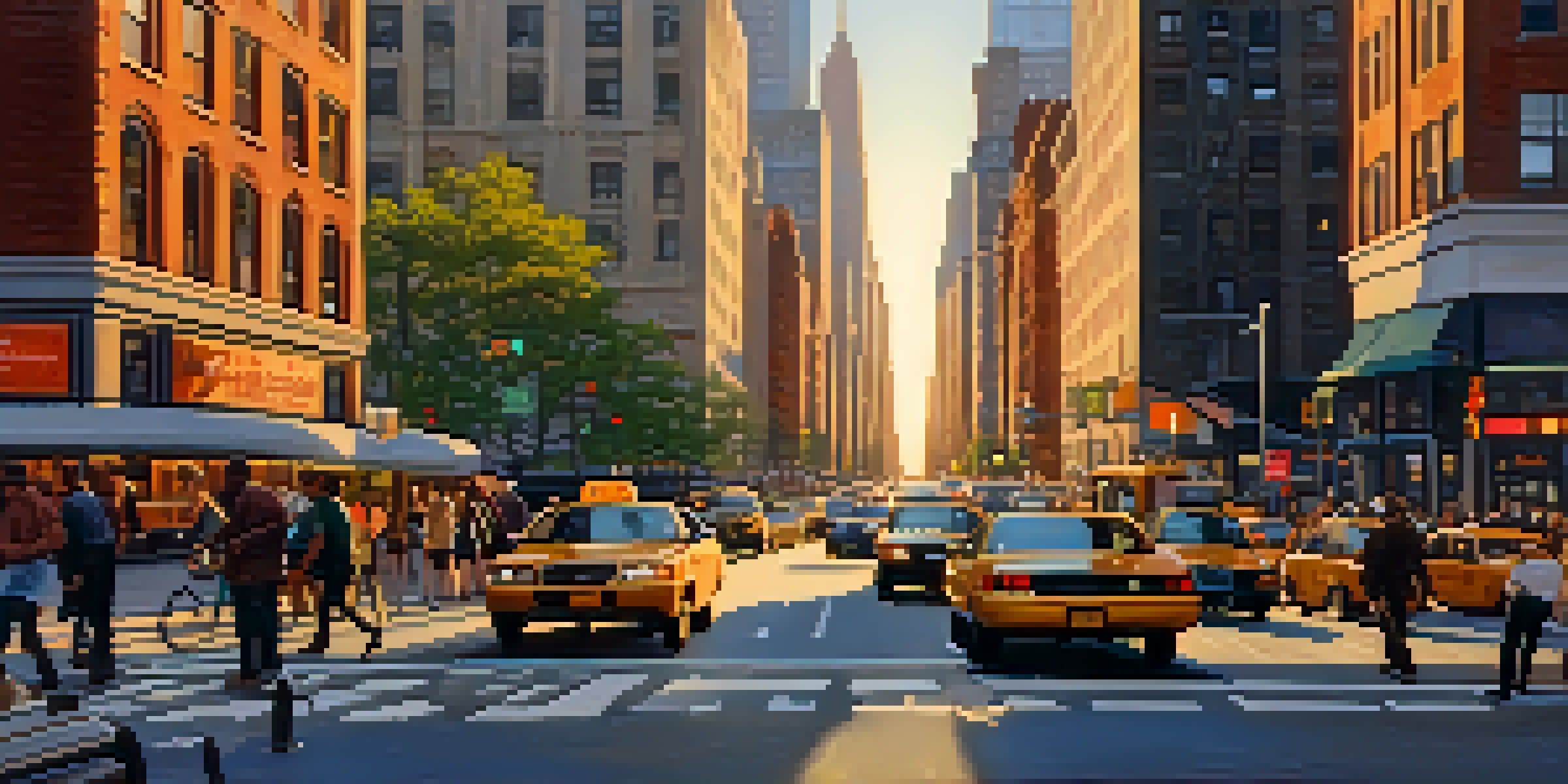 A busy New York City street during rush hour with vehicles, cyclists, and pedestrians, illuminated by sunset light.