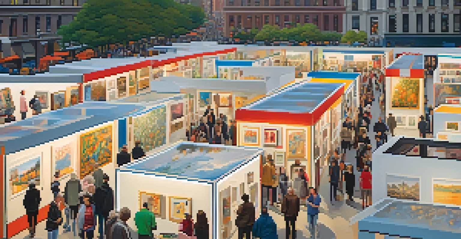 A wide view of an art fair in NYC with numerous booths displaying artworks and a crowd of visitors exploring the exhibits.