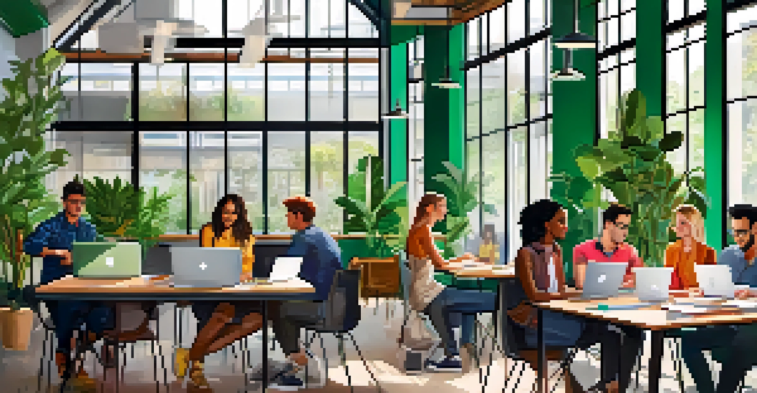 A modern co-working space with young professionals working and collaborating in a bright and vibrant environment.