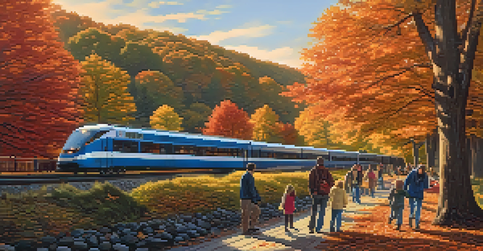 A Metro-North Railroad train traveling along the Hudson River surrounded by autumn foliage, with a family having a picnic in the foreground.